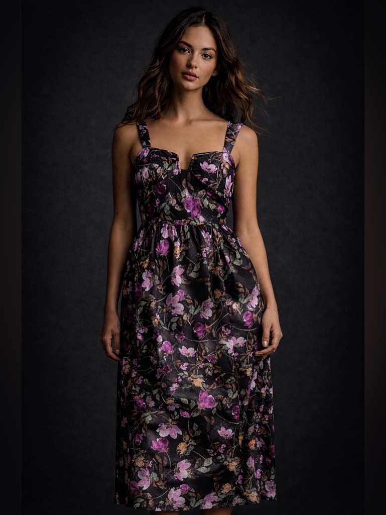 Anthropologie Black Midi Dress With Purple Floral Print